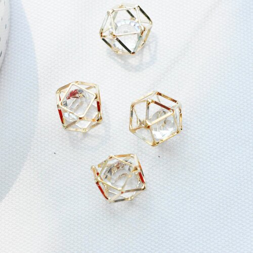 Pendentif 3d connecteur hexagone doré cristal transparent facettes,pendentif cage cristal doré,création bijoux,17mm, lot de 2 g3706