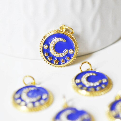 Pendentif médaille rond lune étoiles émail bleu laiton doré zircons, pendentif laiton émaillé,sans nickel,18mm, l'unité g5270