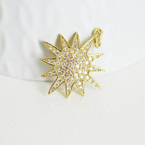 Pendentif soleil laiton doré 18k zircon, pendentif en cristal pour création bijoux porte bonheur pour femme en zircon,27mm, l'unité g5269