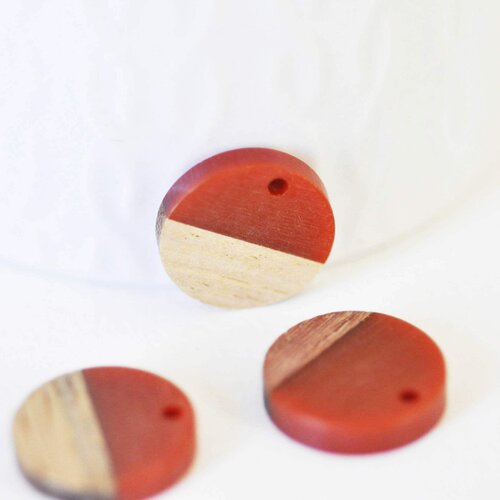 Perle disque bois résine orange, bois naturel, perles bois géométrique,perle ronde,perle ronde bois création bijoux bois,18mm, les 5, g3403