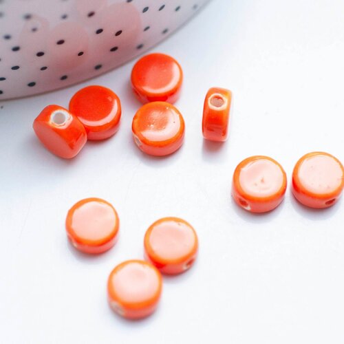 Perles porcelaine orange, perle céramique, perle porcelaine,perle disque, céramique orange,10mm,lot de 10 perles g4729