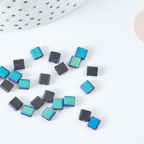 Perles rocaille carré verre rectangle noir mat bleu irisé opaque,création bracelet, perle tila,4.5mm,2 trous, les 50 (4.8gr) g7481