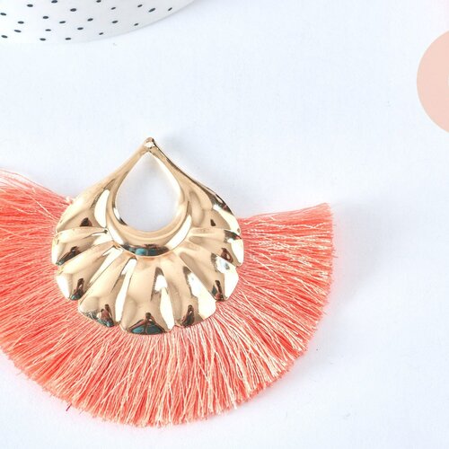 Pendentif large pompon fil rose corail support doré,pendentif en fil sur support doré, 85-92mm, lot de 2 g6838
