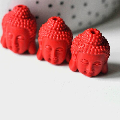Perle tête de bouddha résine rouge, perle inde bouddhisme spiritualité,perle voyage inde,18mm,lot de 2 g4167