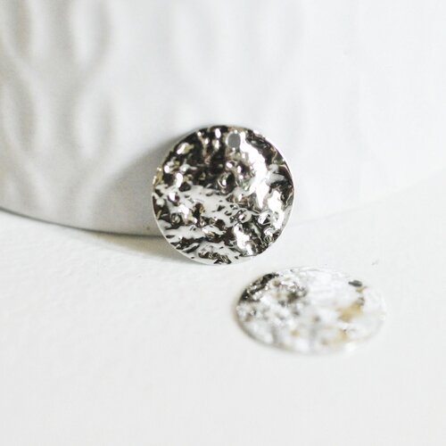 Pendentif rond martelé laiton argenté platine véritable, pendentif géométrique texturé création bijoux or blanc, lot de 2, 15mm g4620