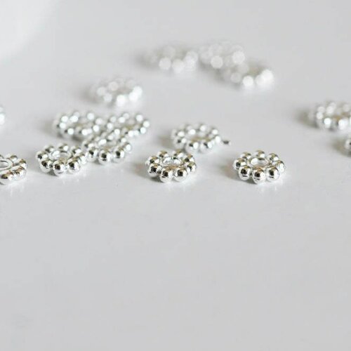 Rondelles fleurs laiton argenté, fournitures créatives, perles argentés, création bijoux, perles intercallaires,lot de 10, 5mm-g946