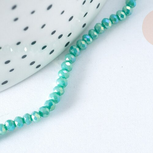 Perles ondelle verre irisée facettée vert irisé ab 3x2mm, création bijoux cristal, le fil de 42cm, g7392