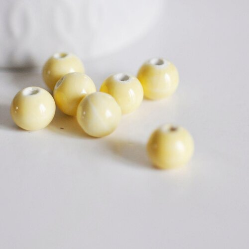 Perle porcelaine jaune pâle, fournitures créatives,perle céramique, porcelaine jaune,perle ronde, création bijoux,lot de 5, 11m-g1370