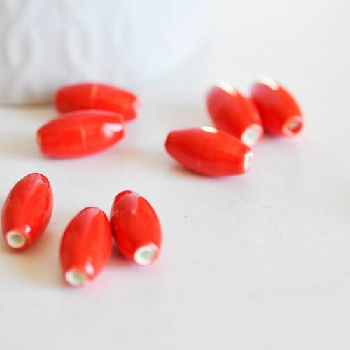 Perles ovales porcelaine rouge,perles céramique, porcelaine émaillée,  perle ovales, création bijoux, lot de 5, 1.6cm g5380