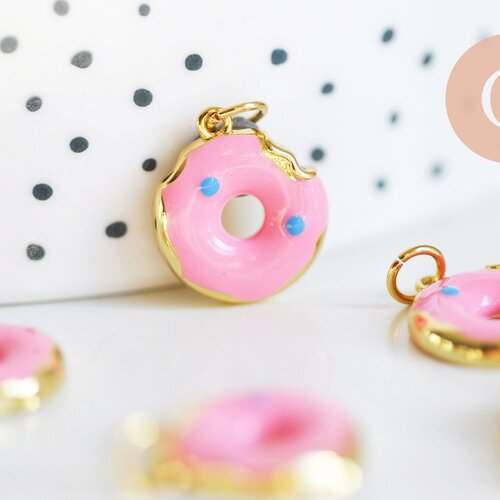 Pendentif donut laiton doré 18k résine rose 15mm, pendentif laiton jouet, bijou d'enfance,l'unité g6255