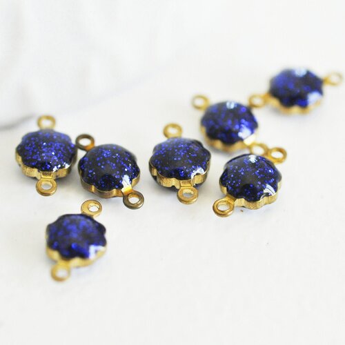 Pendentifs doré fleur émail bleu paillettes pour création bijoux,9mm, lot de 10 g4303