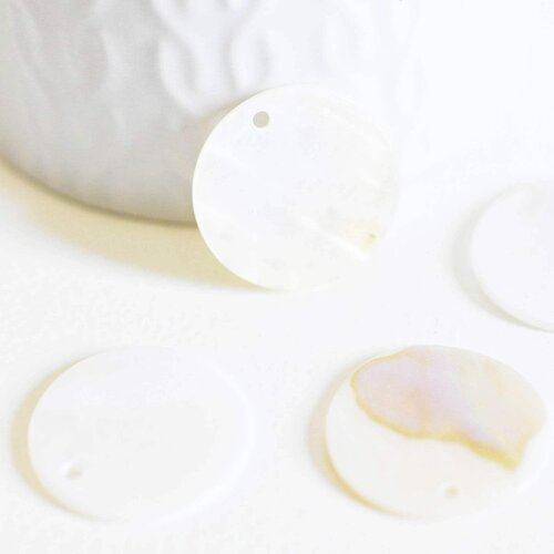 Pendentif rond nacre blanche, pendentif coquillage, coquillage blanc,coquillage naturel,création bijoux,25mm,lot 10- g2175