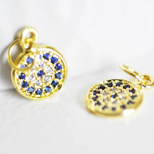 Pendentif médaille doré cristal zircon, pendentif doré,porte-bonheur,laiton dore,bijou médaille,création bijoux,17mm,l'unite- g483