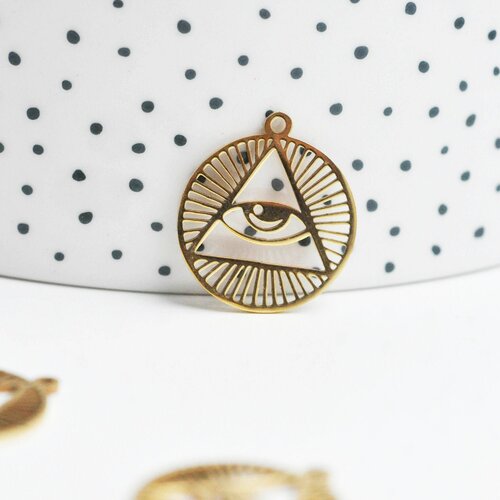 Pendentif acier dore triangle oeil protecteur 22mm,breloque doré, acier inoxydable doré, pendentif sans nickel,création bijoux,l'unité g4607