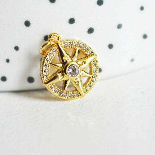 Pendentif médaille ronde boussolle étoile laiton doré 18k zircons, un pendentif doré avec cristal pour création bijoux,16mm,l'unité, g3586