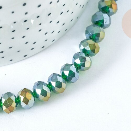 Perles rondelles verre facettée vert irisé 10x8mm, création bijoux cristal, le fil de 53cm g7454