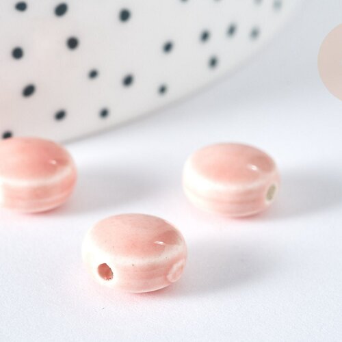 Perles rondes plates porcelaine émaillée rose pastel 11mm, bijou céramique, lot de 10 g7442