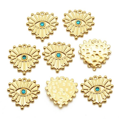 Pendentif coeur oeil acier doré inoxydable zircon vert 19.5mm, un joli pendentif pour la création de bijoux diy, l'unité,g6032