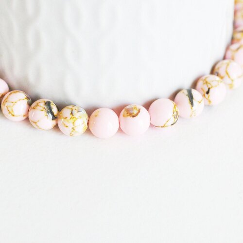 Perle ronde coquillage et turquoise rose 8mm, perles pierre,fabrication bijoux,turquoise synthétique, fil de 45 perles, g3851