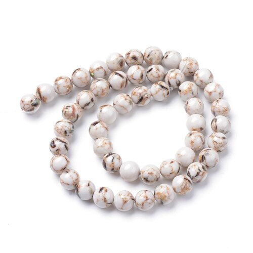Perle ronde coquillage et turquoise blanche 8mm, perles pierre,fabrication bijoux,turquoise synthétique, fil de 45 perles, g3840
