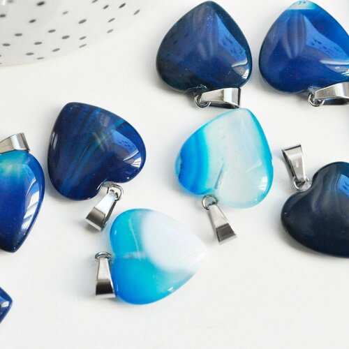 Pendentif coeur agate bleu ciel acier argenté,  pierre agate naturelle bleue,création bijoux en pierre naturelle, 23mm, l'unité g5182