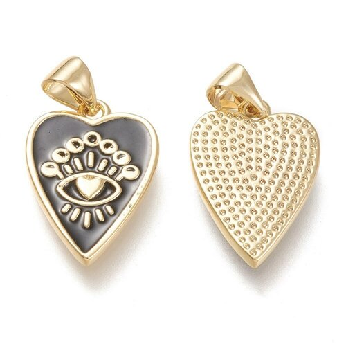 Pendentif médaille rond coeur émail noir laiton doré 18k , pendentif laiton amour pour création bijoux,18.5mm, l'unité g5325