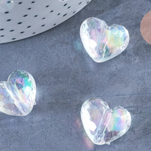 Perle coeur  facette plastique transparent irisé 16mm , perle plastique coeur,lot de 5 perles g6436