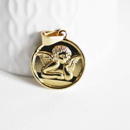Pendentif médaille ronde ange acier doré, pendentif doré,sans nickel, acier doré, création bijoux,médaille or,2.3cm, g140, lot de 10