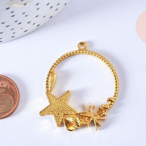 Pendentif rond étoile de mer  coquillages zamac doré 42mm, pendentif étoile de mer pour création résine bijoux diy, l'unité g6875