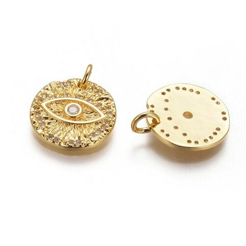 Pendentif médaille ronde oeil laiton doré texturé zircon, pendentif doré sans nickel pour la création bijoux médaille or,12mm, l'unité,g3331