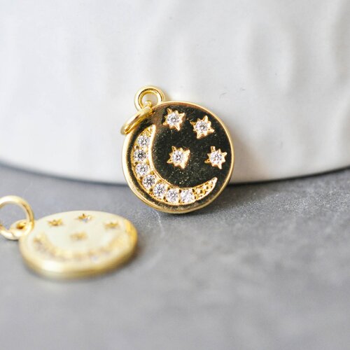 Pendentif médaille ronde lune laiton doré zircons, un pendentif doré avec cristaux pour création bijoux,14mm,l'unité,g3472