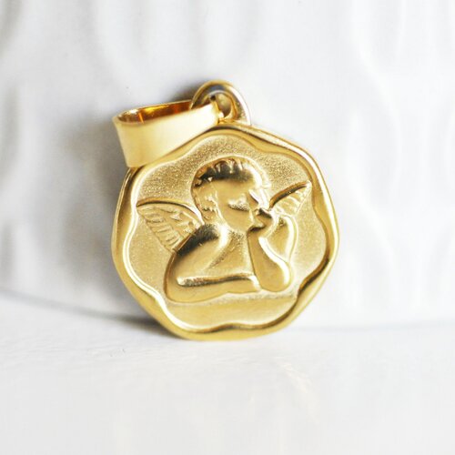 Pendentif médaille ange acier doré, pendentif doré,sans nickel, acier doré, création bijoux,médaille or,20.5mm,g2664