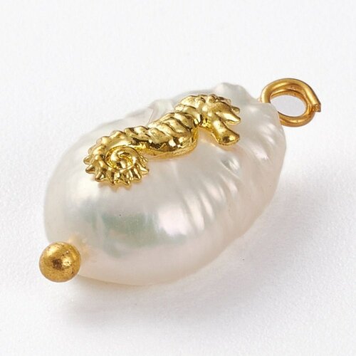Pendentif perle naturelle keshi hippocampe doré 13-16mm,porte bonheur,perle eau douce,création bijou,perle naturelle blanche, l'unité g6091
