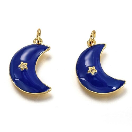 Crescent pendant moon stars enamel blue brass gold 18k zircon 21mm, enamelled brass pendant, nickel-free, unit g5955