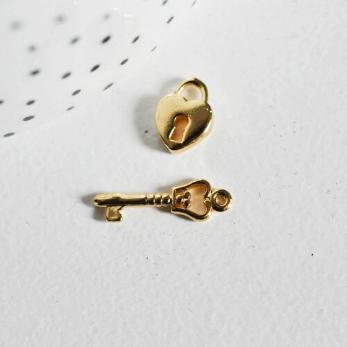 Breloque cadenas clé laiton doré 18k cristal,sans nickel,création bijoux,pendentif amour ,19mm, lot de 2 g3595