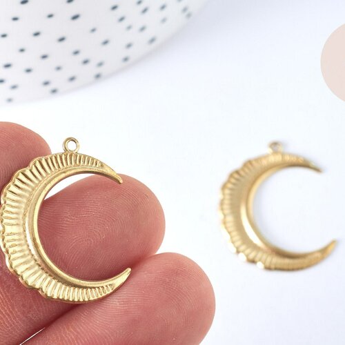 Pendentif lune étoiles laiton brut 27mm, fournitures bijoux laiton brut, lot de 2 g6915