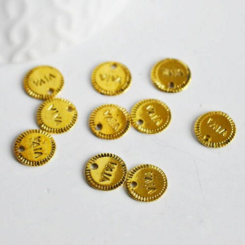 Pendentif médaille rondes viva,pendentif doré, médaillon collier,charm doré,création bijoux,laiton doré,1cm, les 10-g1819