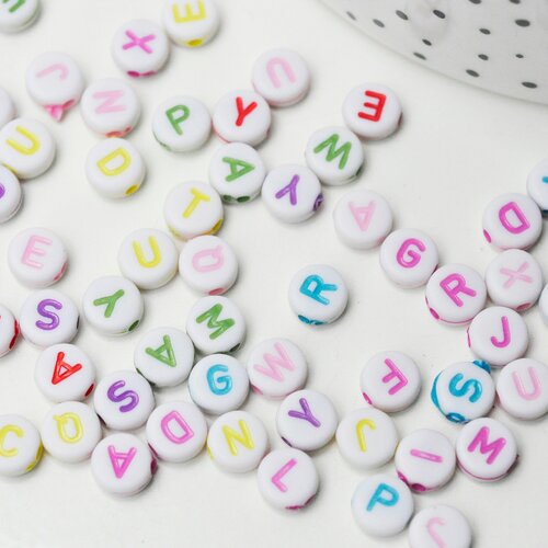 Perle ronde lettre alphabet plastique blanc lettre colorée,perle plastique,perle lettre,création bracelet mots, les 10 grammes g4091