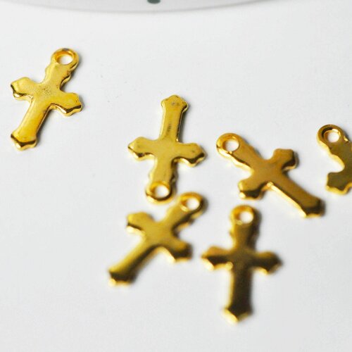 Pendentif acier doré croix,breloque doré, acier inoxydable doré,pendentif sans nickel,création bijoux religion,12mm, lot de 10 g4085