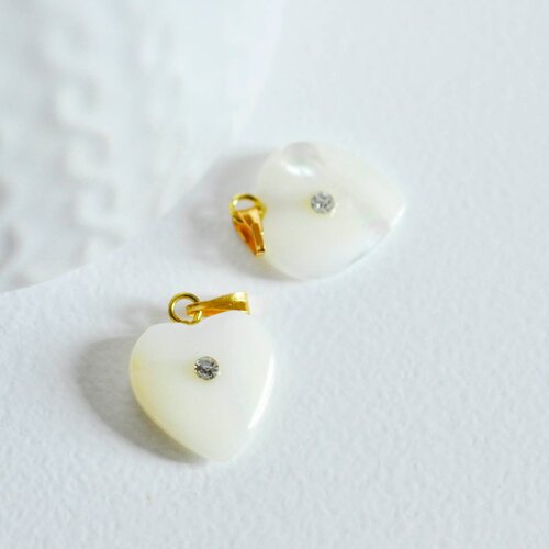 Pendentif coeur nacre blanche naturelle doré cristal,pendentif coeur,coeur nacre,coquillage blanc,création bijou, 19mm-g1065