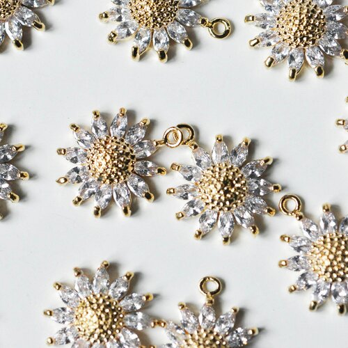 Pendentif fleur tournesol doré 24 carats zircon blanc,pendentif doré cristal, création bijoux,21mm, l'unité g4124