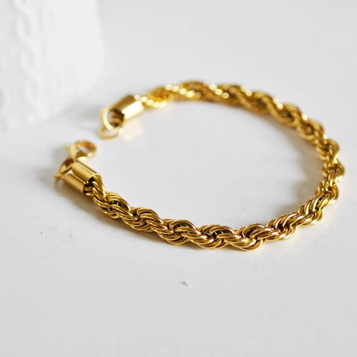 Bracelet torsadé acier doré 14k, bracelet doré,création bijoux,bracelet acier chirurgical,sans nickel,bracelet acier doré,22cm-g1398