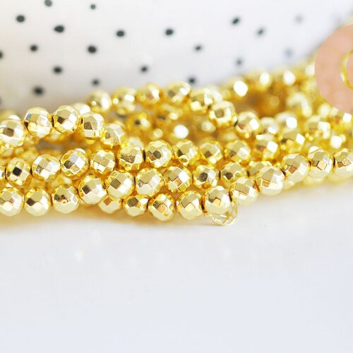 Perle ronde facette hématite dorée 4mm, perle hématite synthétique création bijoux pierre, le fil de 85-90 perles g6217