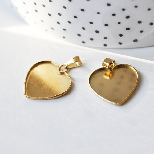 Pendentif coeur support cabochon acier inoxydable doré, création de bijoux en acier doré,21,5mm l'unité, g4834