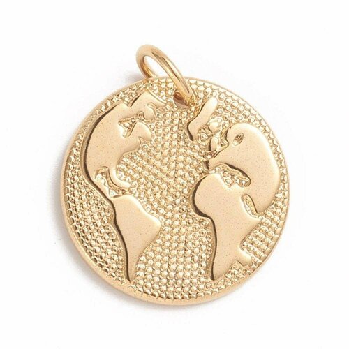Pendentif médaille ronde monde acier doré, pendentif doré,sans nickel,acier doré, création bijoux,médaille or,2.1cm,g2954
