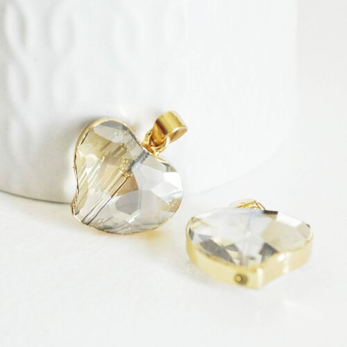 Pendentif coeur doré cristal transparent facettes,pendentif cristal, pendentif doré,création bijoux,20mm, lot de 2, g5044