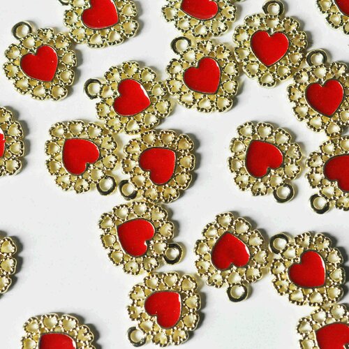 Perle coeur zamac doré émail rouge, création bijou coeur et amour, un bijou en dentelle dorée 16mm, lot de 2 (2g) g4221