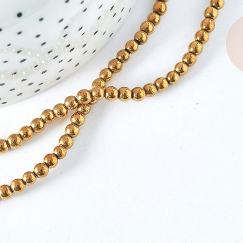 Perle ronde hématite de synthèse dorée 4mm, perle pierre pour création bijoux, le fil de 39cm g7404