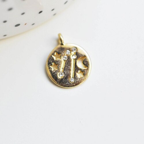 Pendentif taureau lune et étoiles en zamac dore et zircons,pendentif médaille doré signe astrologique création bijoux,17mm,l'unité g3514