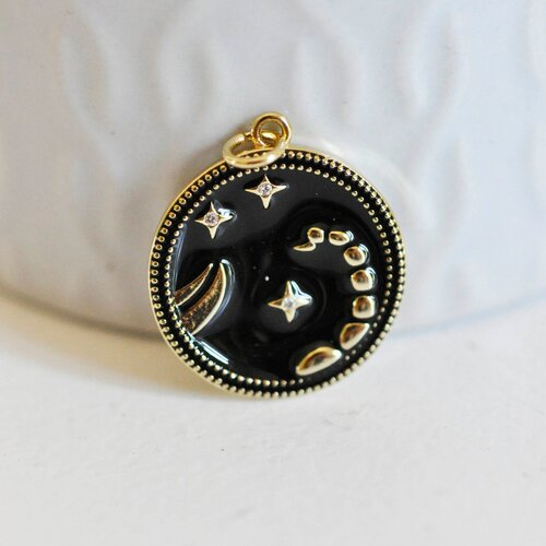 Pendentif rond constellation laiton doré zircon émail noir, un pendentif celeste du signe horoscope astrologique,23mm g3557